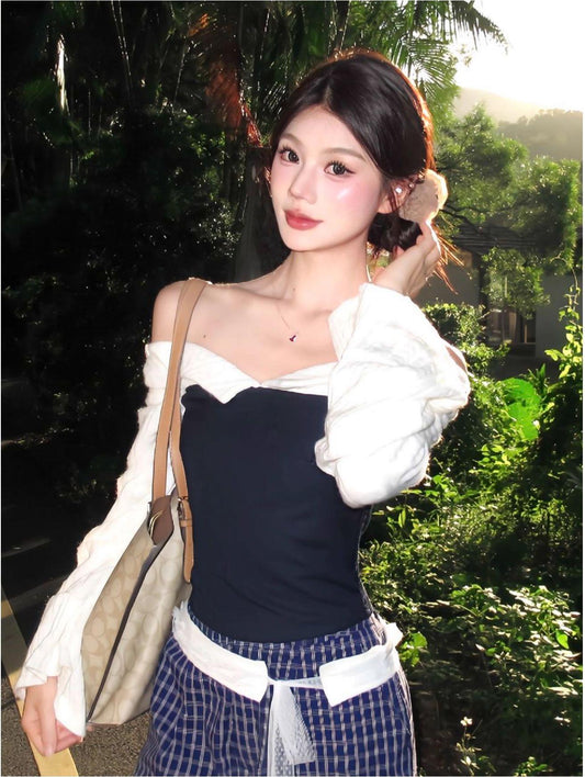 Korean Off Shoulder Colorblock Knit Top Women
