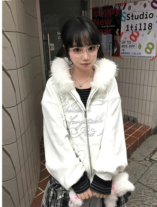 Fur Collar Hoodie Cardigan Women