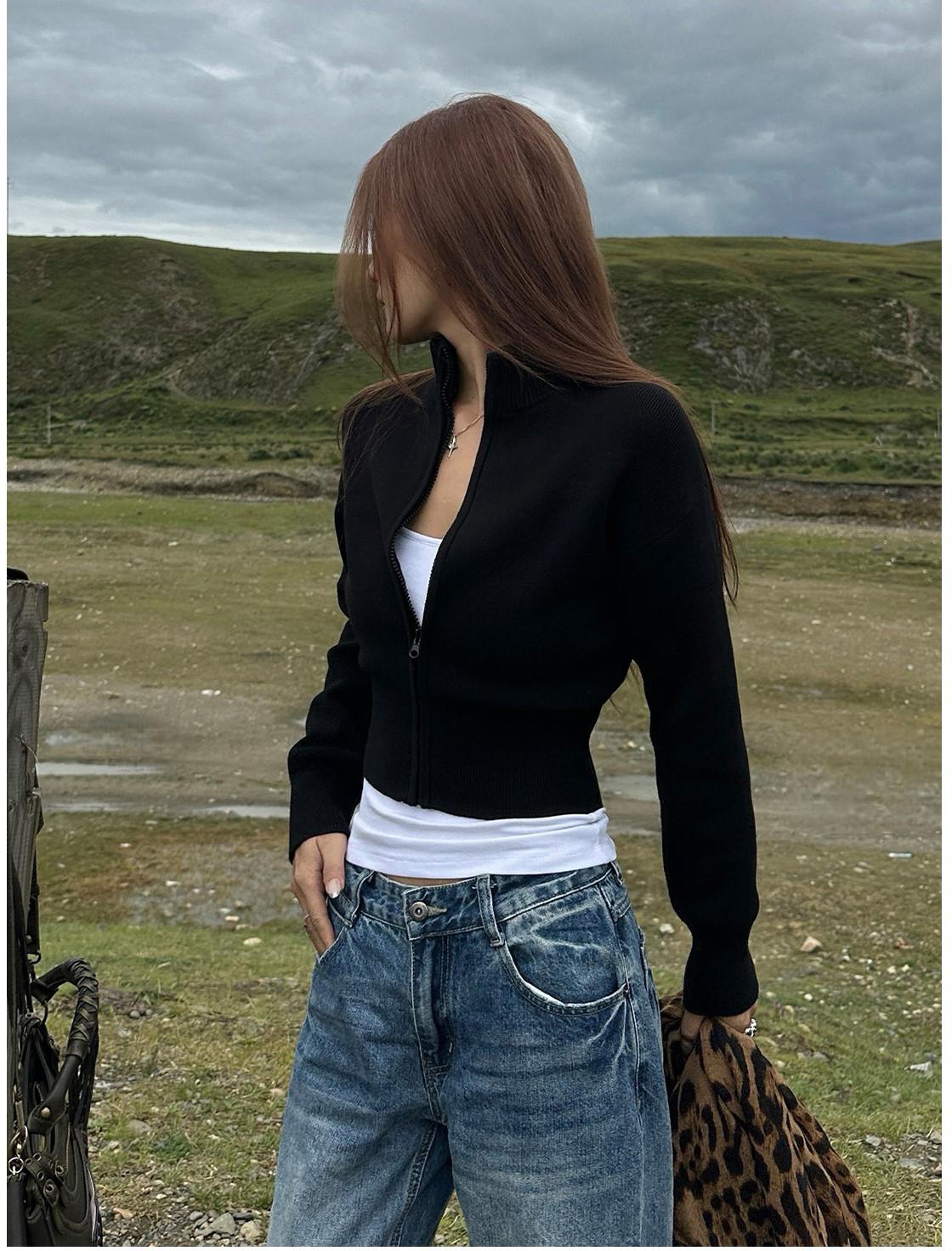 Waist Fit Zip Knit Cardigan Women