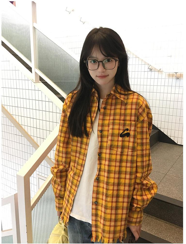 Yellow Plaid Frayed Shirt Jacket Women