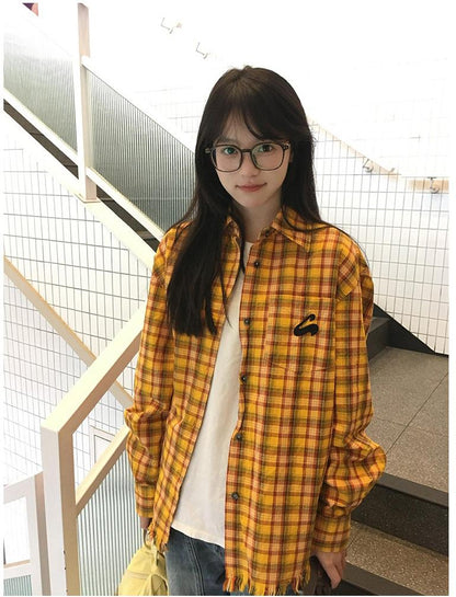 Yellow Plaid Frayed Shirt Jacket Women