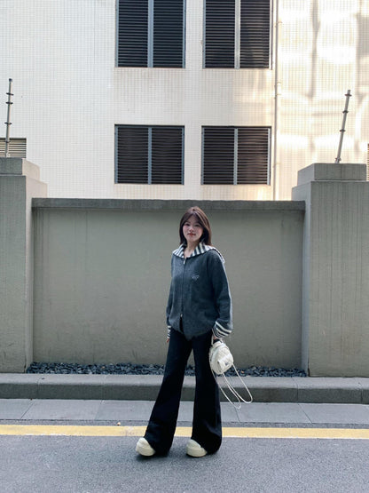 Gray Striped Navy Collar Knit Cardigan Women