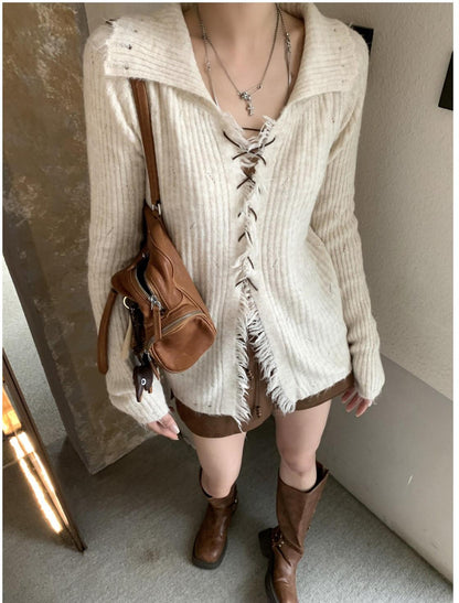 Tie Collar Knit Cardigan Women