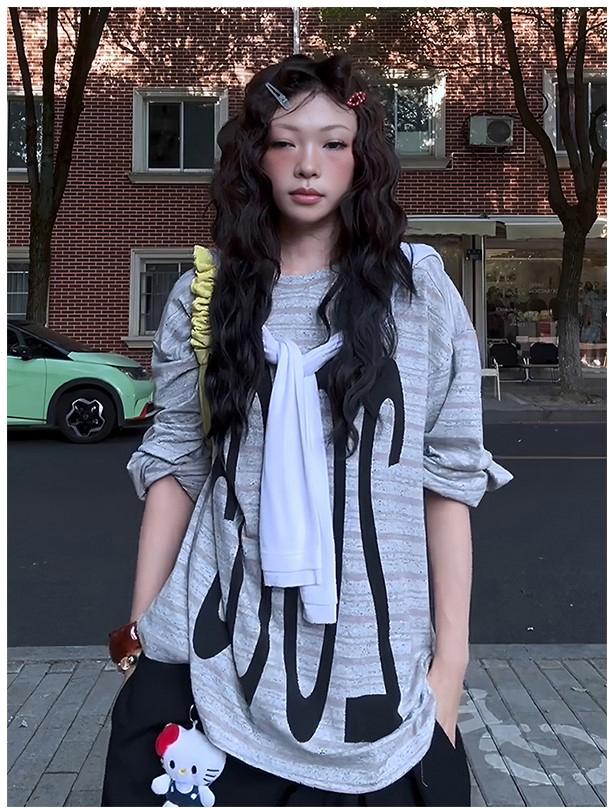 Purple Stripe Graphic Long Sleeve Tee Women
