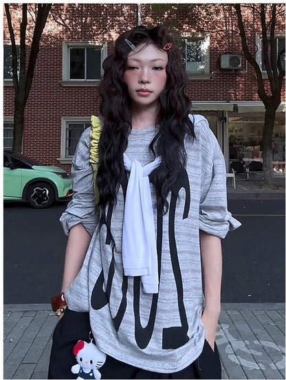 Purple Stripe Graphic Long Sleeve Tee Women