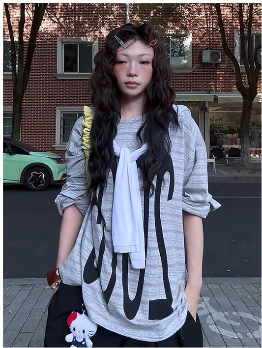 Purple Stripe Graphic Long Sleeve Tee Women