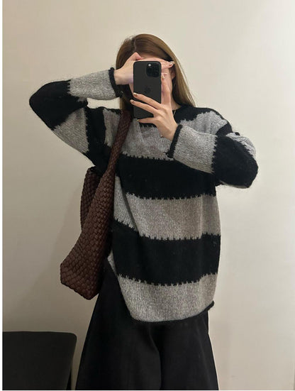 Mohair Stripe Fair Isle Knit Sweater Women
