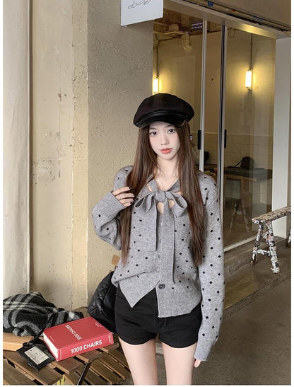 Bow Polka Dot Knit Cardigan Women