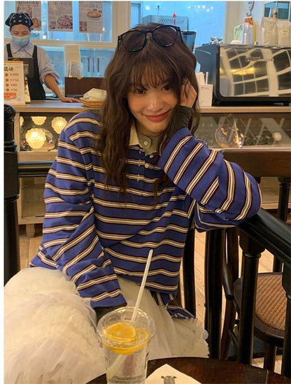 Retro Contrast Striped Long Sleeve Tee Women