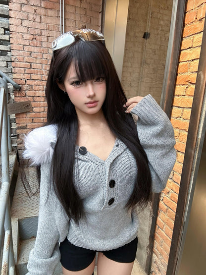 Henley Knit Hoodie with Detachable Fur Collar