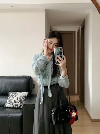 Blue Ruffle Bow Blouse Women