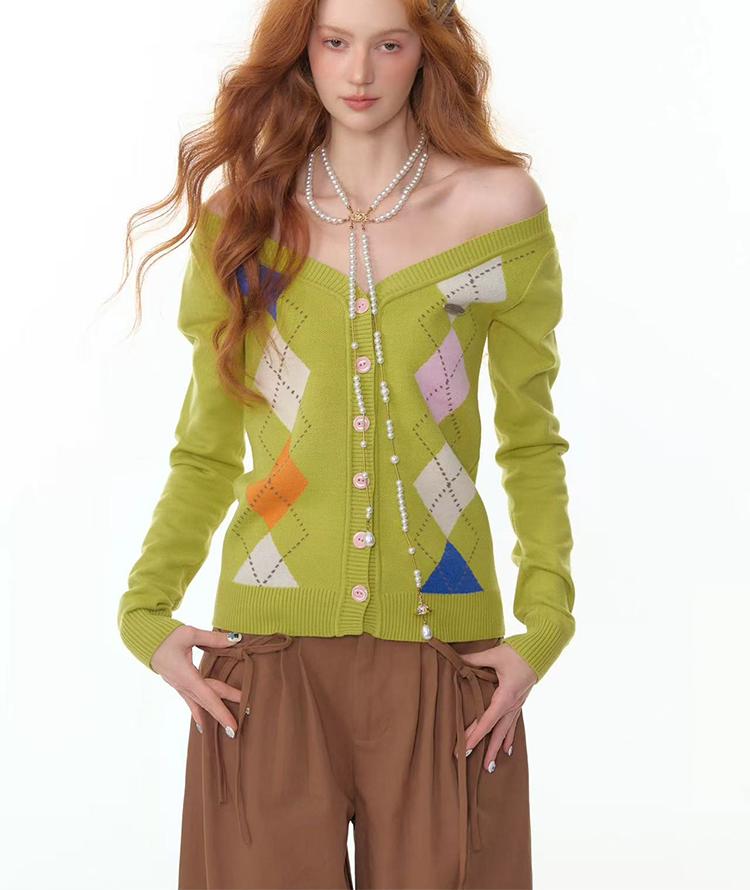 Argyle V-Neck Knit Cardigan Women