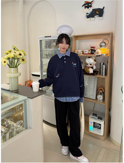 Dachshund Embroidered Collar Sweatshirt Women