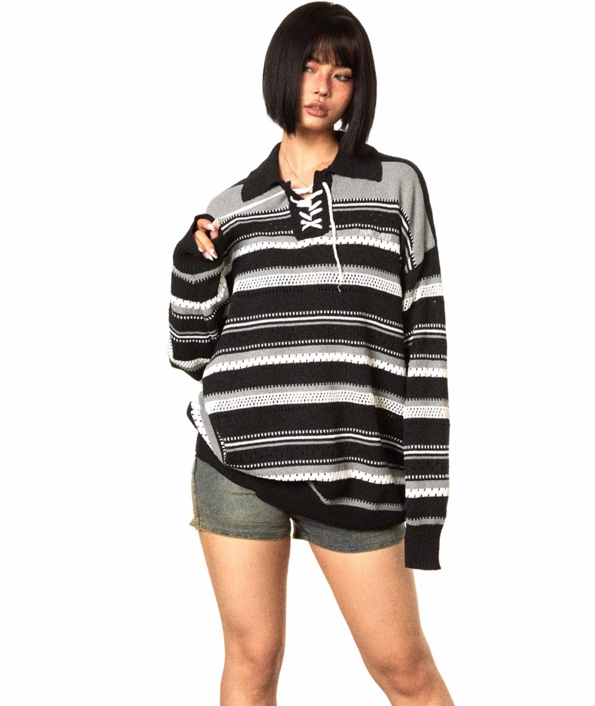 Striped Polo Tie Knit Sweater Women