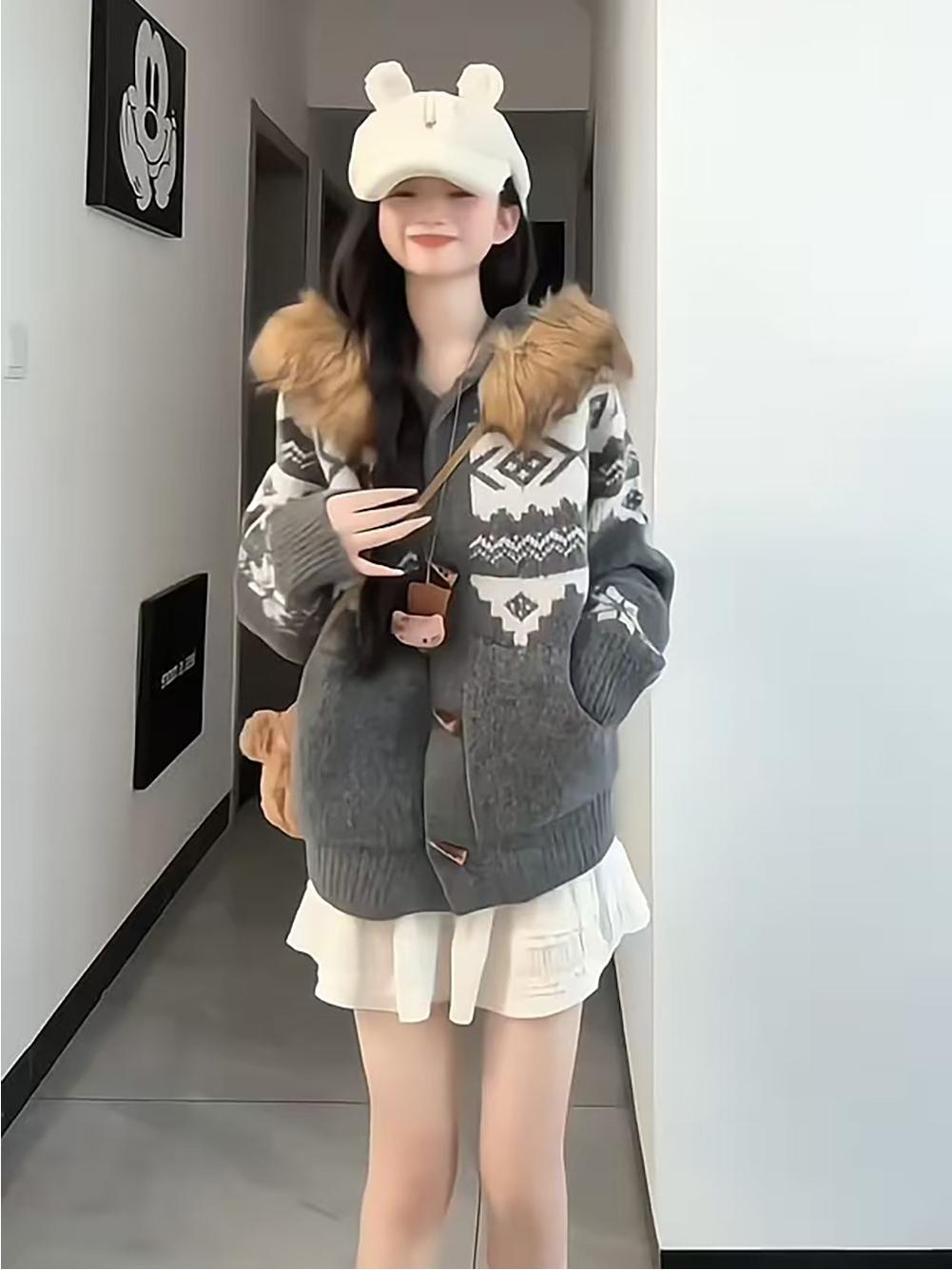 Fair Isle Fur Collar Knit Cardigan Women