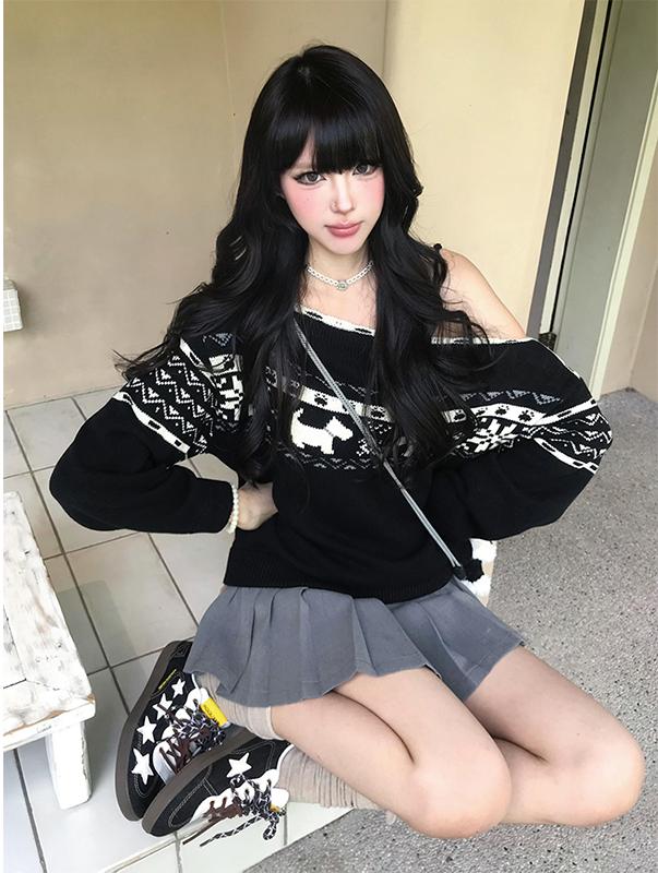 Fair Isle Off Shoulder Knit Sweater Women