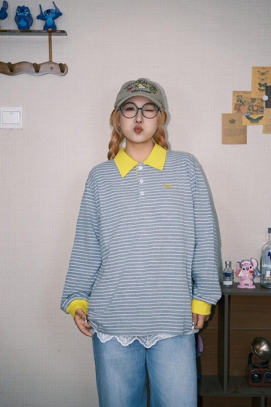 Retro Striped Polo T-shirt Women