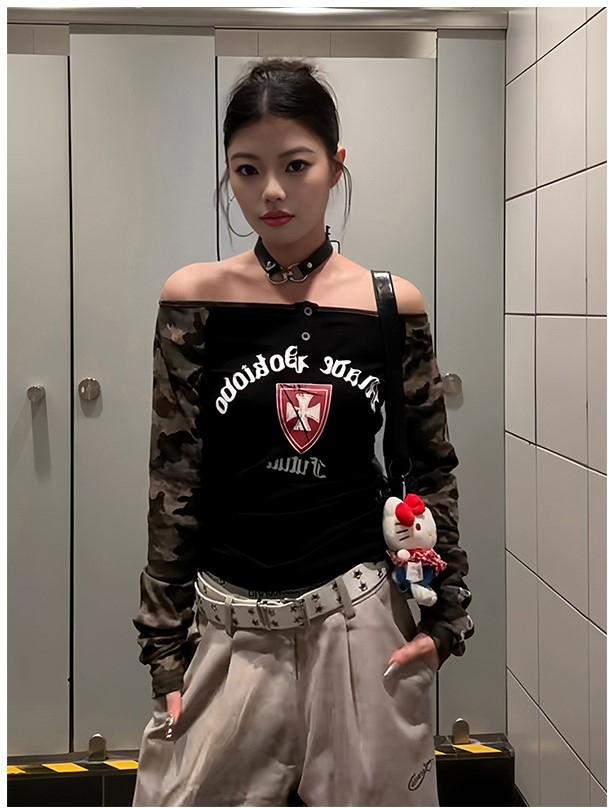 Camo Sleeve Off Shoulder T-shirt Women