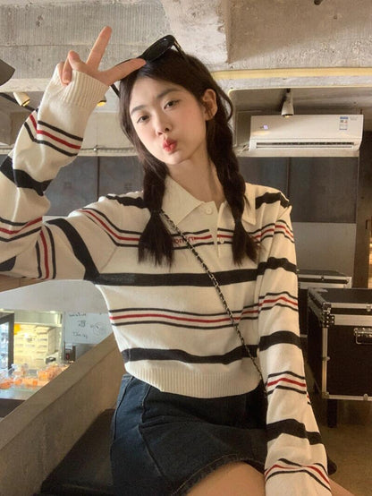 College Striped Polo Long Sleeve T-shirt Women