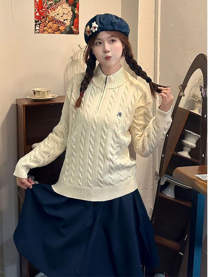 Retro Half Zip Cable Knit Sweater Women