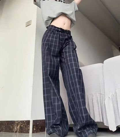 Retro Plaid Wide Leg Pants Women Autumn Loose Fit