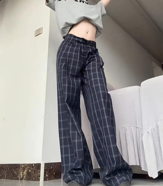 Retro Plaid Wide Leg Pants Women Autumn Loose Fit