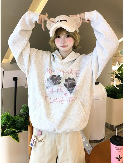 Vintage Cat Paw Heavy Hoodie Women