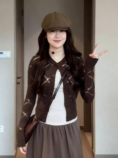 Brown Diamond Knit Cardigan Women