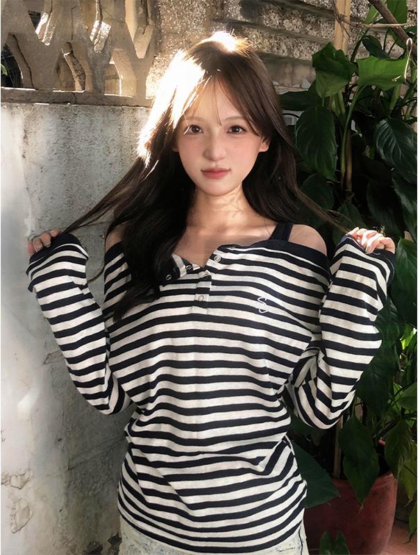 Striped Off Shoulder Layered Long Sleeve Tee Women