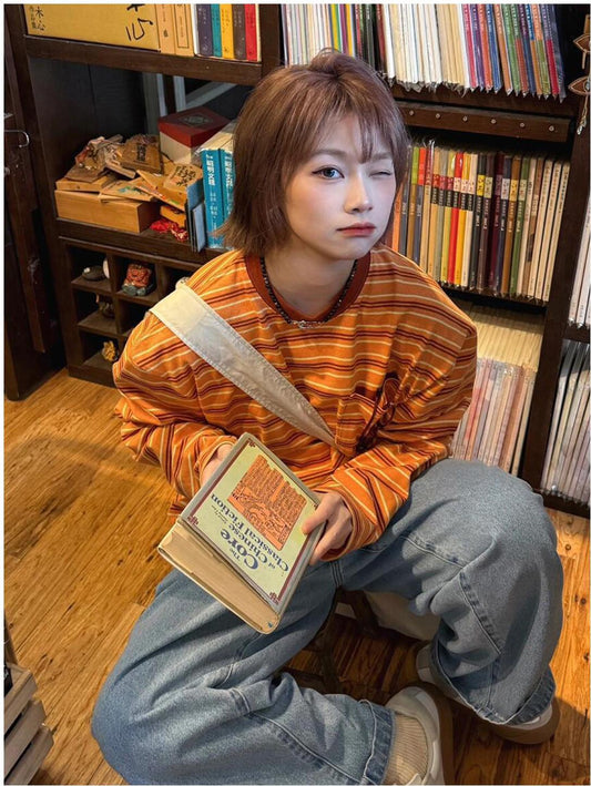 Japanese Striped Colorblock Long Sleeve Tee Women