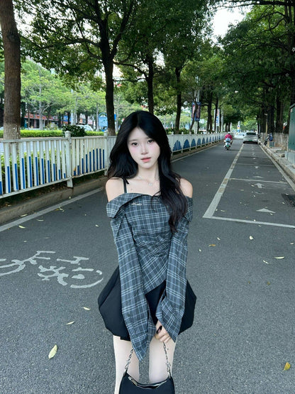 Korean Off Shoulder Plaid Long Sleeve Shirt Women