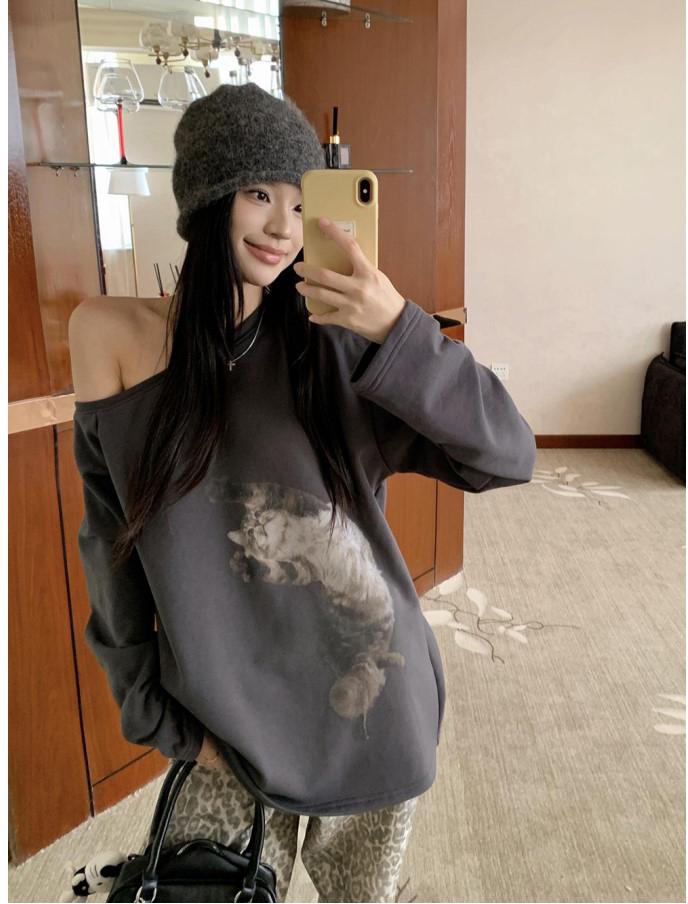 Cat Print Off Shoulder Sweatshirt Women