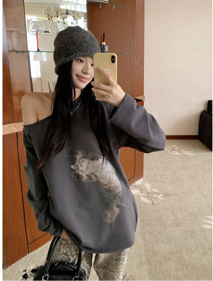 Cat Print Off Shoulder Sweatshirt Women