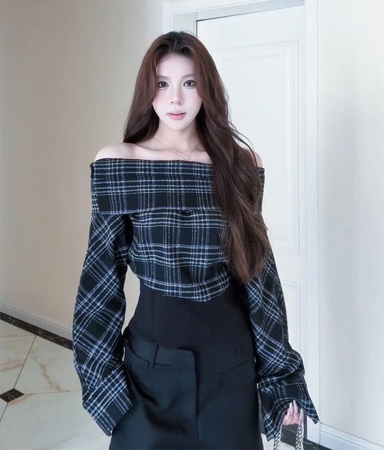 Plaid Off Shoulder Contrast Tee Women