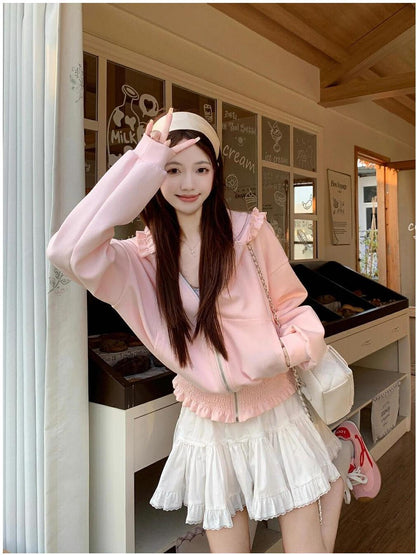 Frill Hooded Zip Sweatshirt Women