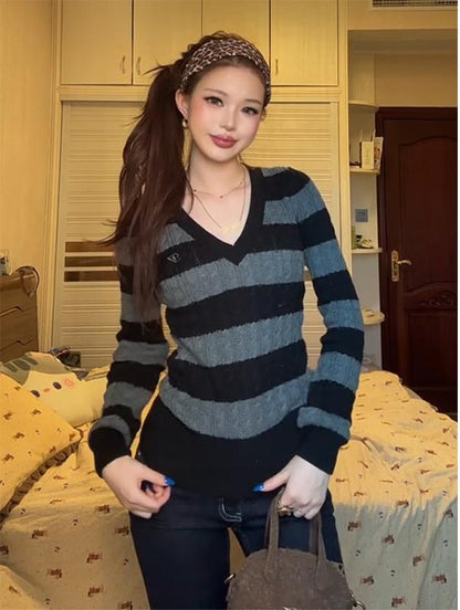Cable Striped V-Neck Knit Sweater Women