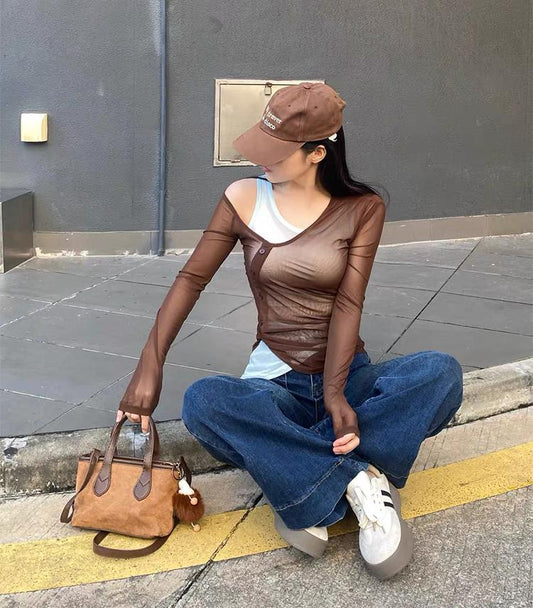 Mesh Layered Cutout Long Sleeve Tee Women