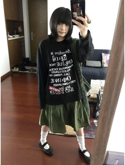 Black Letter Print Long Sleeve Tee Women