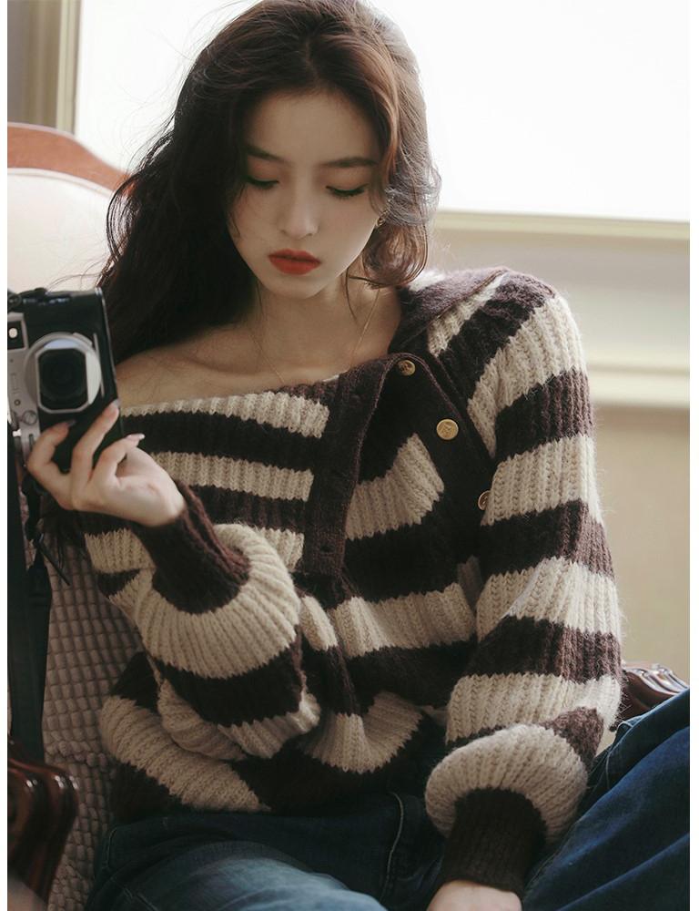 Striped Side Button Off Shoulder Knit Sweater Women
