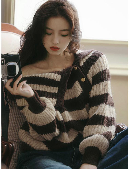 Striped Side Button Off Shoulder Knit Sweater Women