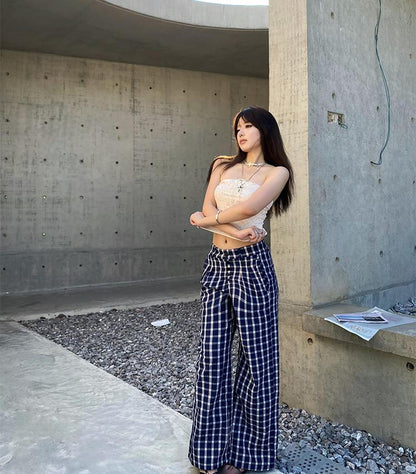 High Waist Plaid Button Wide Leg Pants Women