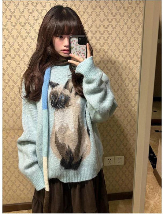 Blue Cat Mohair Sweater with Scarf Women