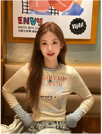 Contrast Print Long Sleeve Tee Women