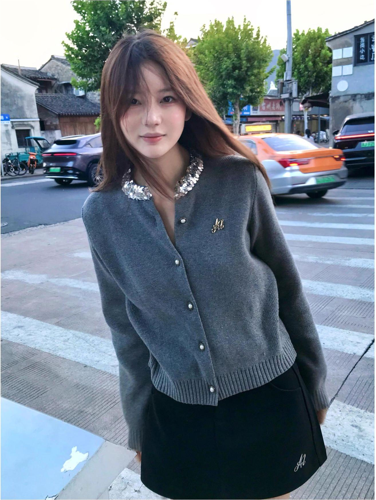 Grey Sequin Knit Cardigan Women
