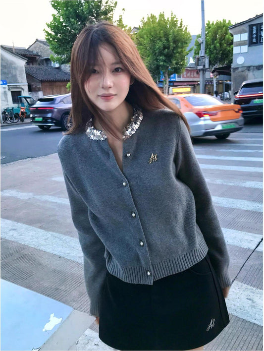 Grey Sequin Knit Cardigan Women