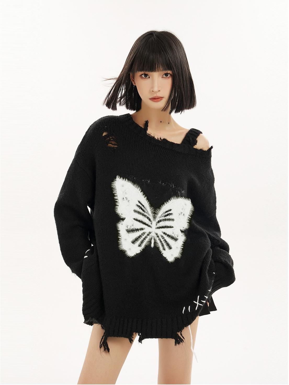 Black Butterfly Cutout Knit Sweater Women