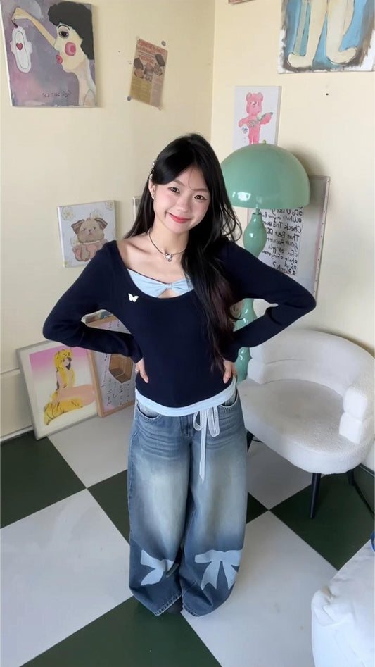Bow Layered Knit Long Sleeve Top Women