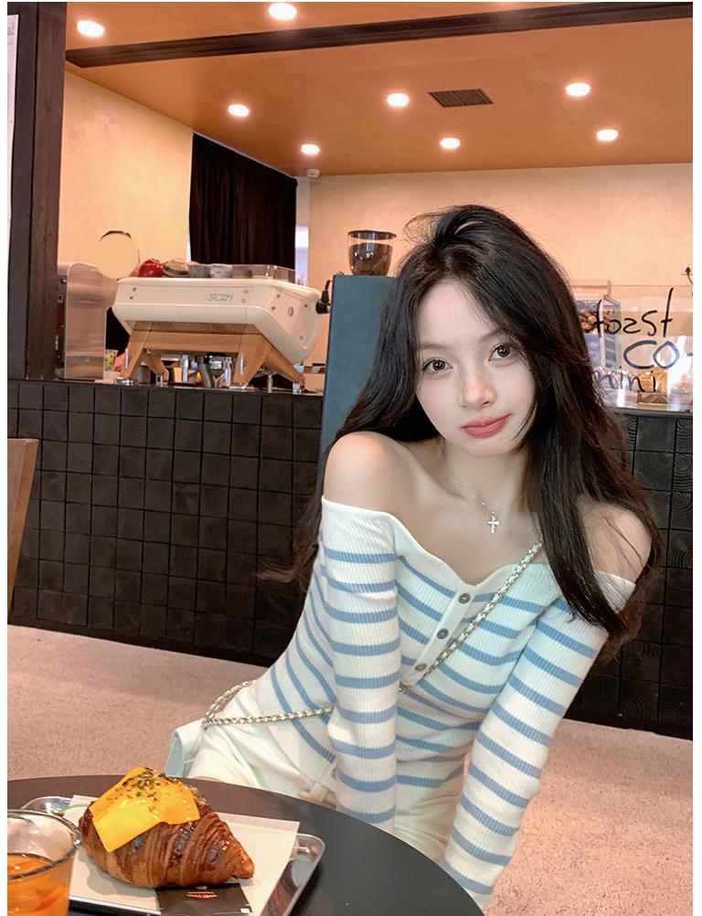 Blue Stripe Off Shoulder Knit Top Women