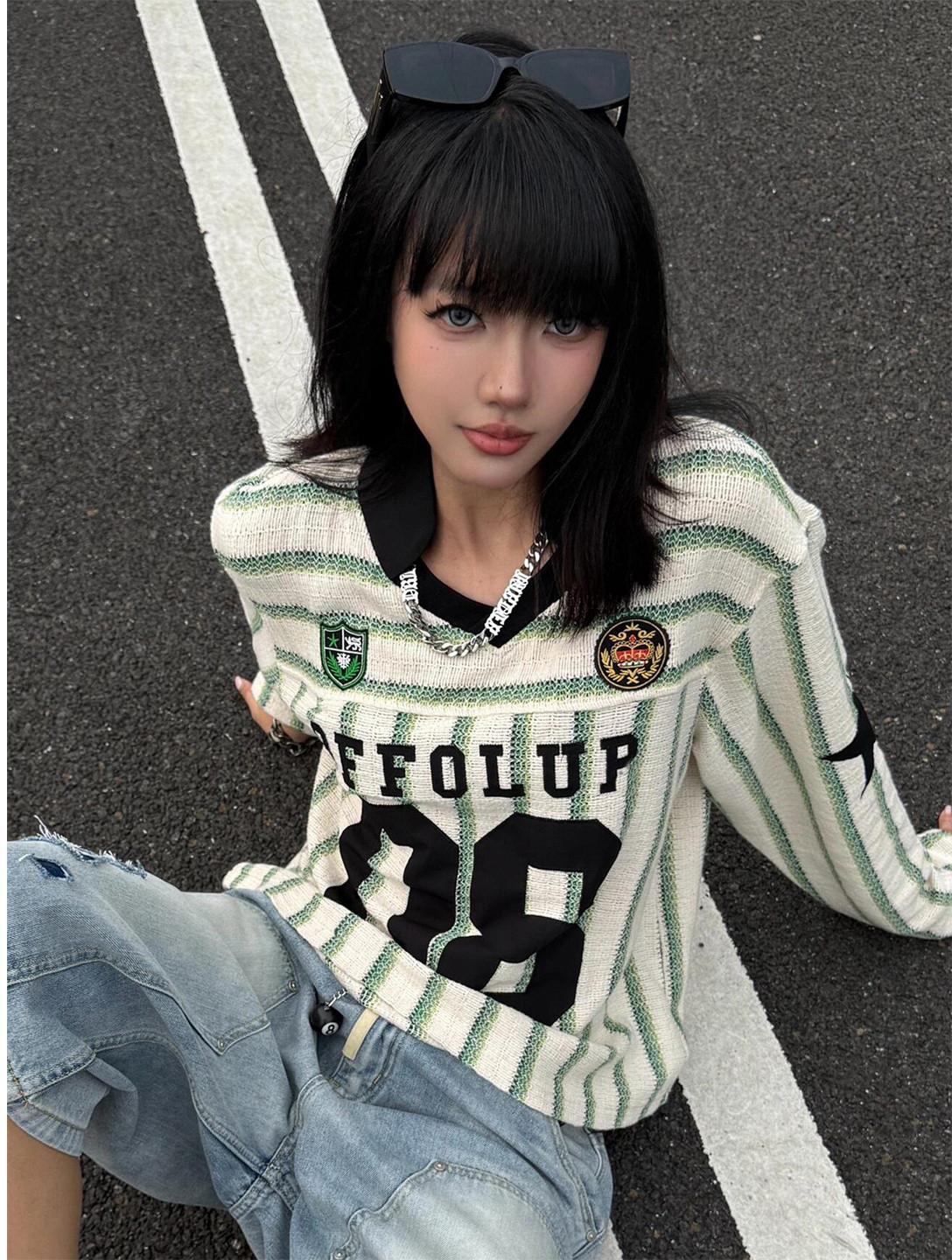 Embroidered Striped Cropped Long Tee Women