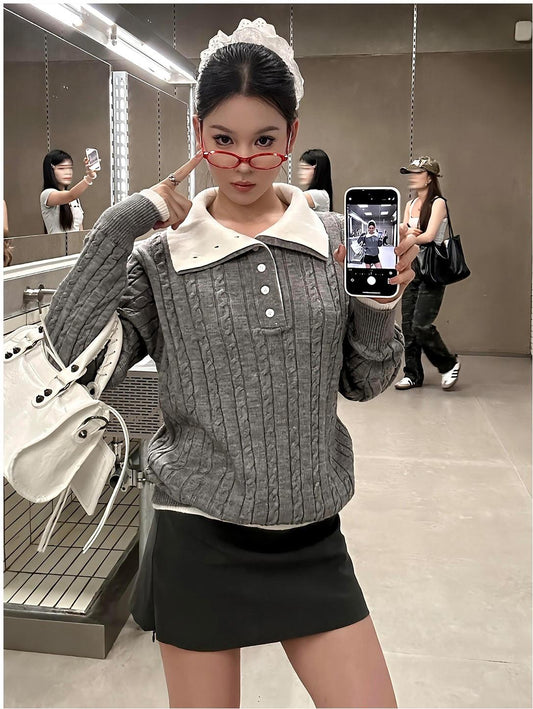 Grey Layered Knit Sweater Women